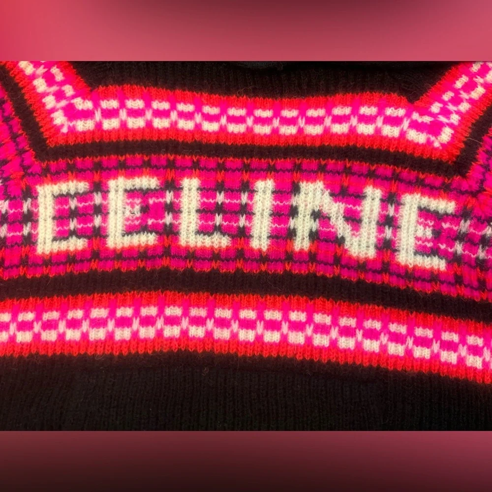 Celine Ski Jacquard Wool Hoodie Sweater XS Oversized Black Pink Made in Italy - Picture 5 of 14